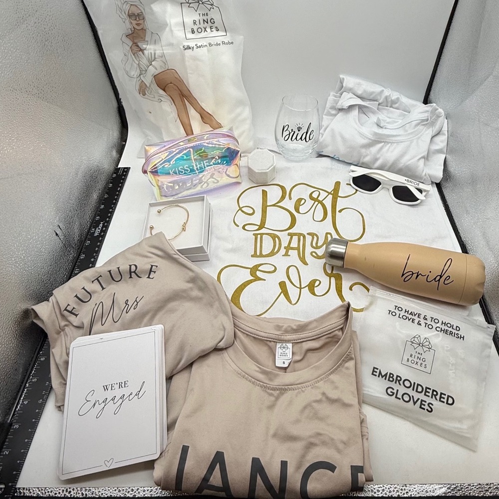 The Ring Boxes Bridal Gift Set Robe Shirt Tote Water‎ Bottle Sunglasses engaged